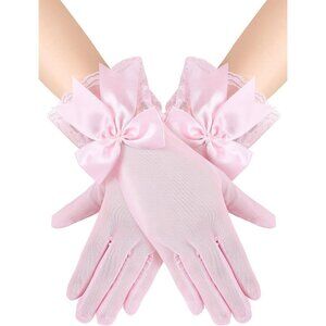 Women's Evening Pink Elegant Short Lace Bow Gloves Party Wedding Accessories